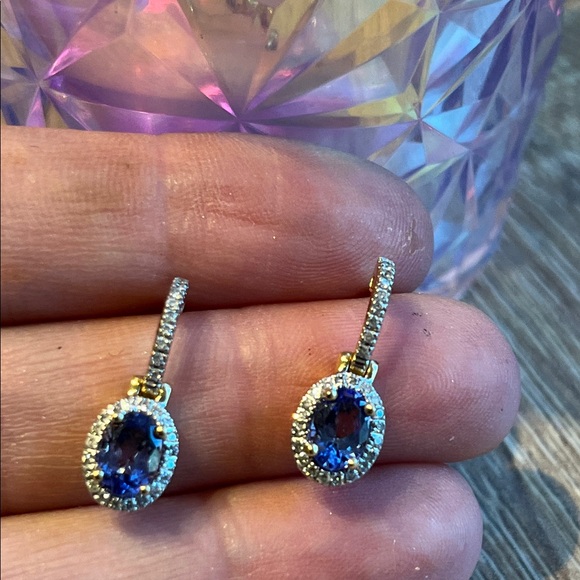 14k Gold diamond tanzanite Drop Earrings. Oval Gemstones with diamond Pavé Halos - Picture 5 of 13